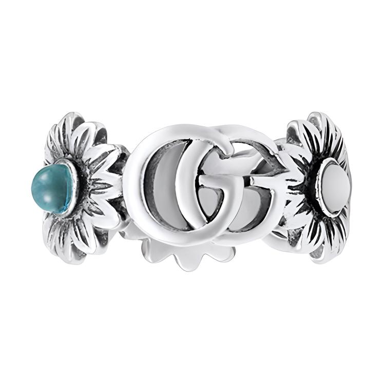 GUCCI Gucci GG Marmont Double G flower decorated with mother-of-pearl green resin stones and blue topaz vintage distressed 925 silver ring women's silver