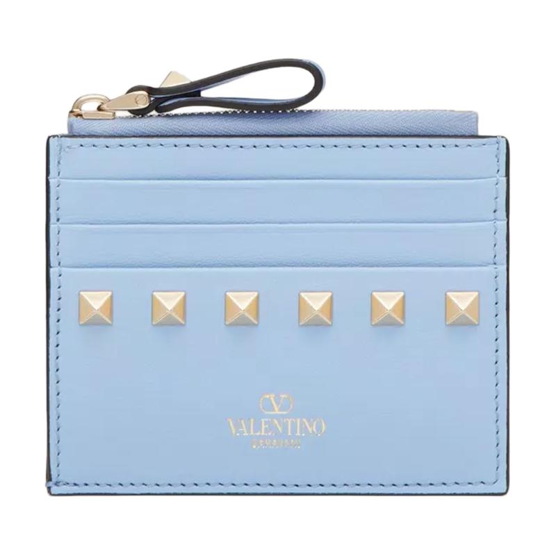 Valentino Valentino Rockstud platinum-plated rivet zipper calfskin card holder women's sky blue