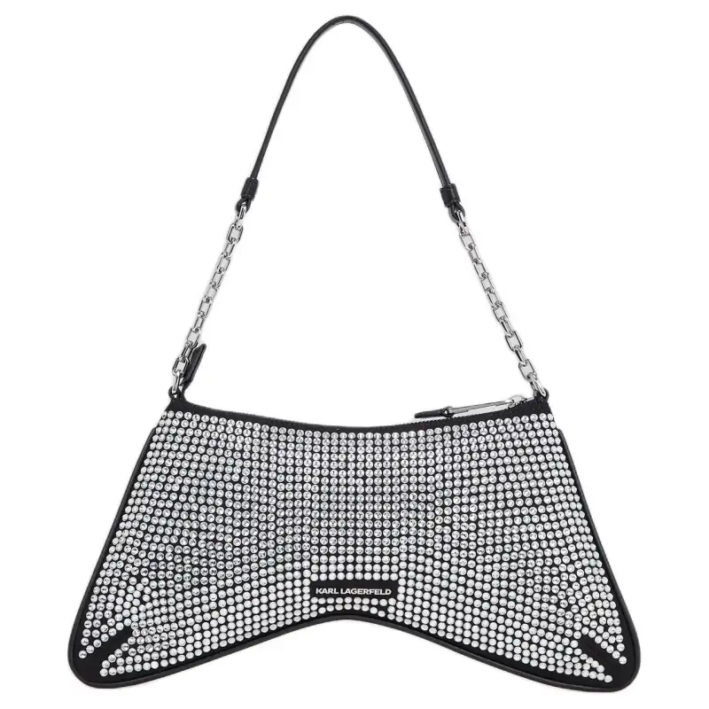 KARL LAGERFELD K/EVENING brand logo zipper closure glass and microfiber shoulder bag women's black
