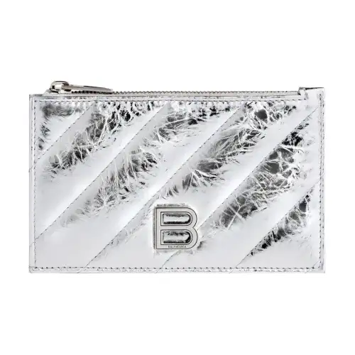 Balenciaga Crush Embossed Cow Leather Coin Purse, Card Holder Regular Women's Silver