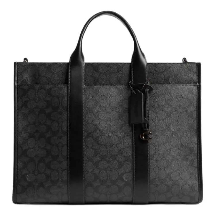 COACH Wesley Artificial Leather Tote One Shoulder Handbag Large Unisex Charcoal Gray