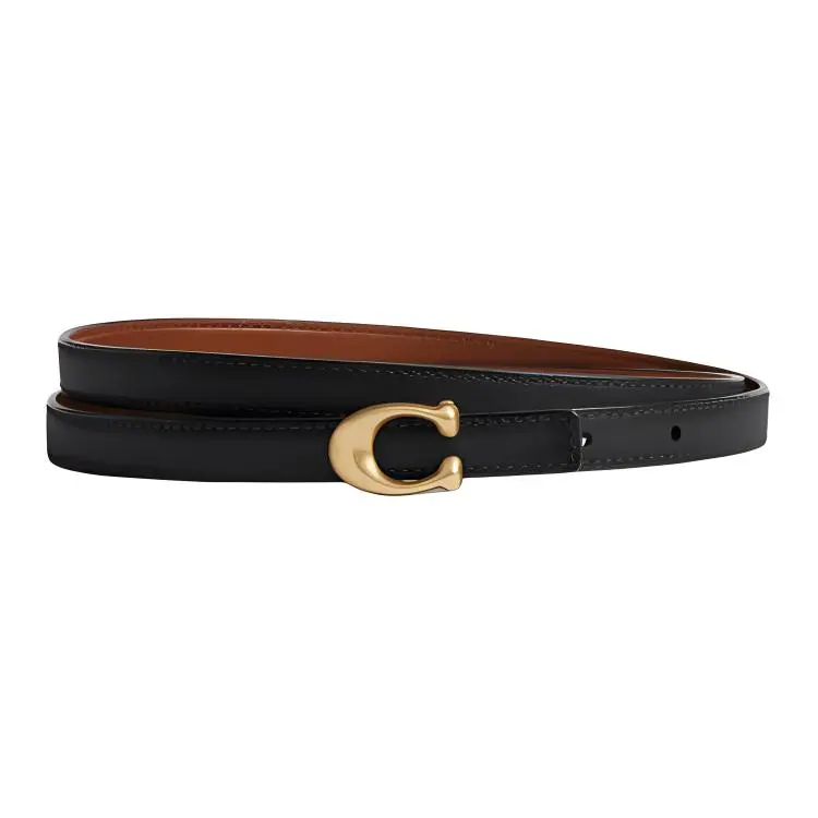 COACH Cow Leather Metal Leather Belts Women's Black/Bright Amber Width 1.3cm