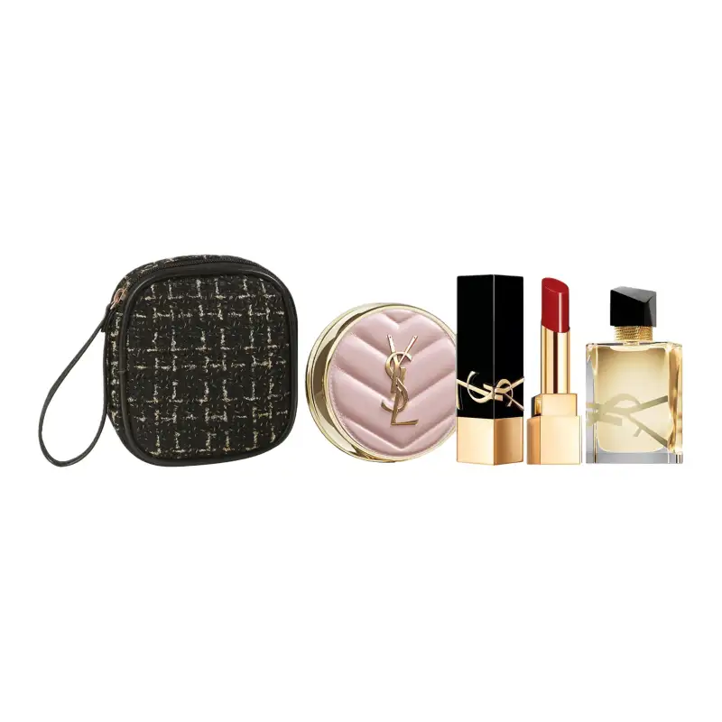 YSL, set, makeup primer for professional use, cream lipstick, soft heel, perfume, square tube, sample, 3 piece set