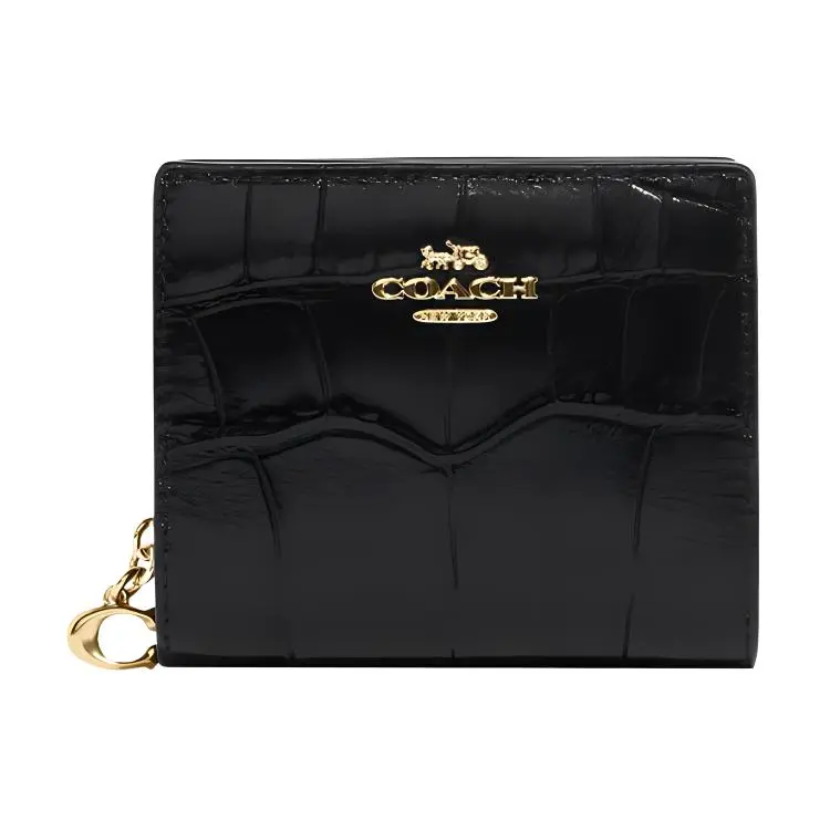 COACH Snap Wallet Crocodile Embossed Leather With Smooth Leather Card Holder, Wallet Women's Black