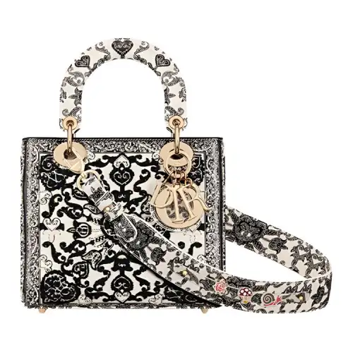DIOR Lady Dior Embroidery Handbag Shoulder Bag, Crossbody Bag, Handbag Small Women's Black/White
