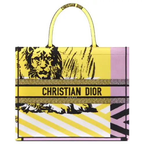DIOR BookTote Embroidery Tote Handbag, Shoulder Bag Large Women's Bright Yellow/Pink