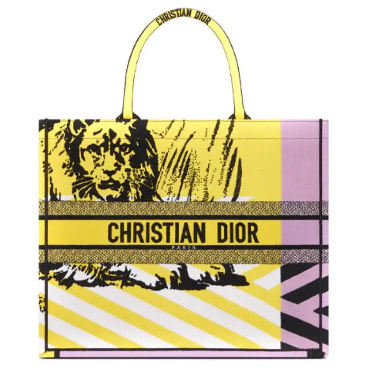 DIOR BookTote Embroidery Tote Handbag, Shoulder Bag Large Women's Bright Yellow/Pink