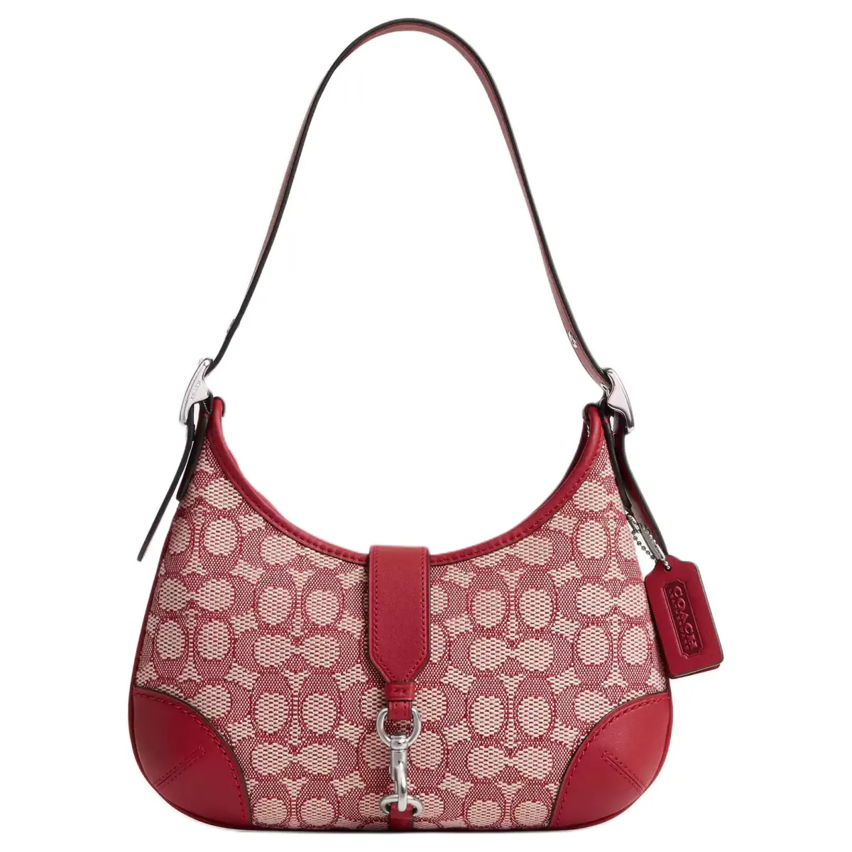 COACH Hamptons Fabric With Leather Shoulder Bag Medium Women's Silver & Rubies & Ivory