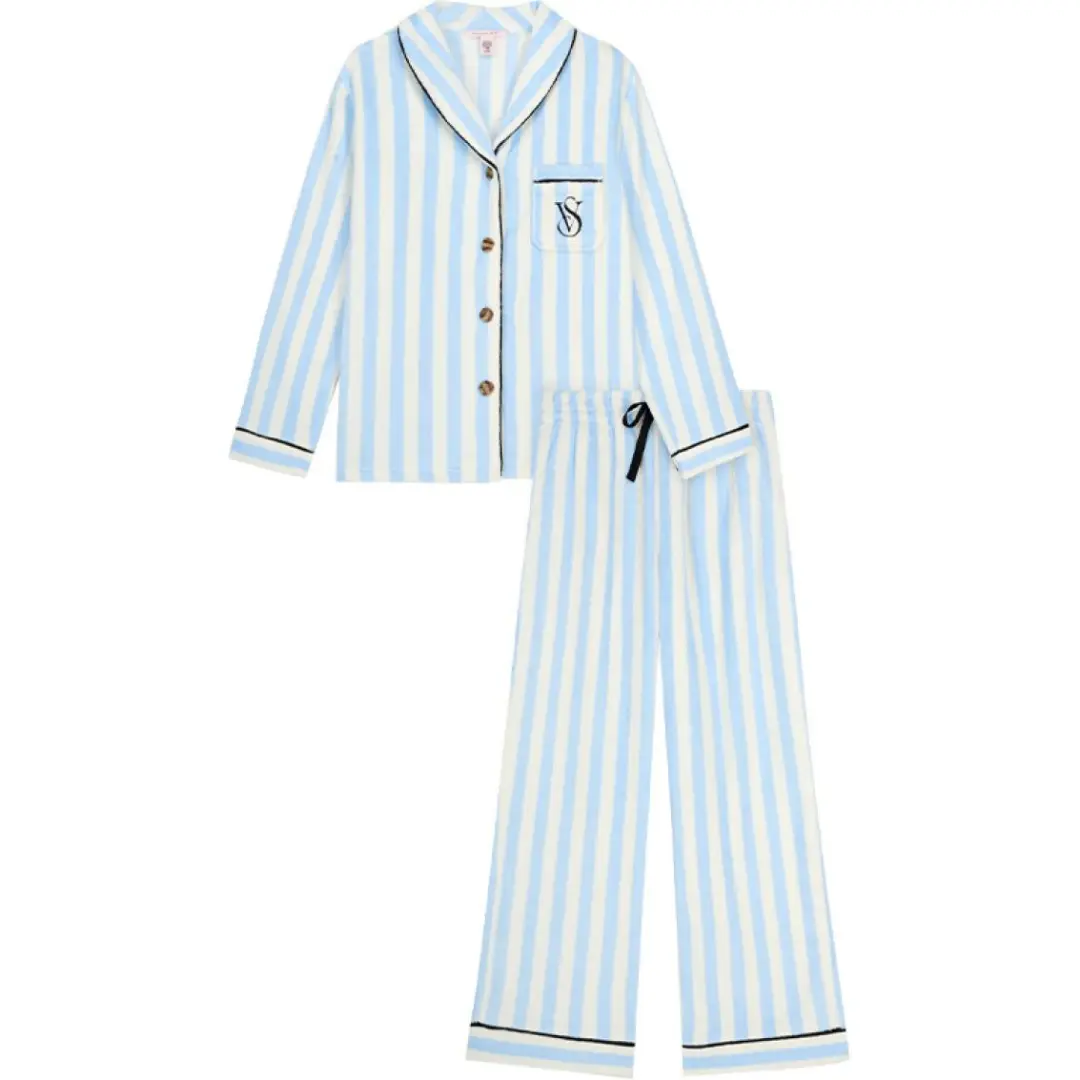 Victoria's Secret Pajama Set Plumping Soft And Fitting Warmth Instantly Women's Aqua Blue Stripes