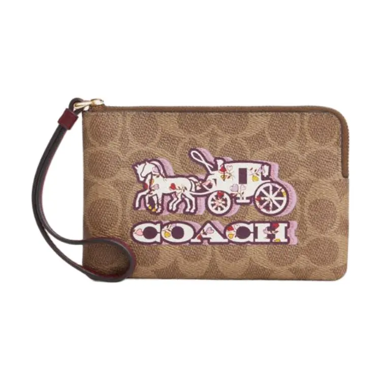 COACH Corner Zip Coated Canvas With Artificial Leather Clutches Small Women's Brown