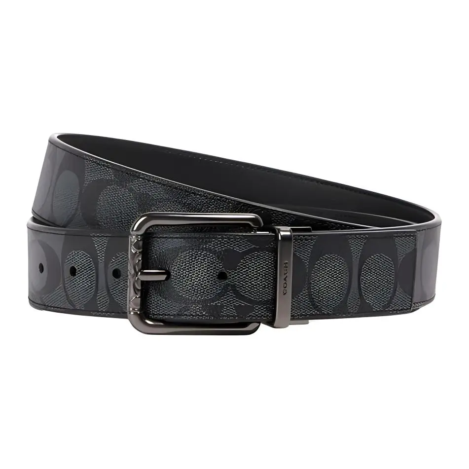 COACH Coated Canvas Calfskin Leather Belts Men's Gray/Black Width 3.8cm