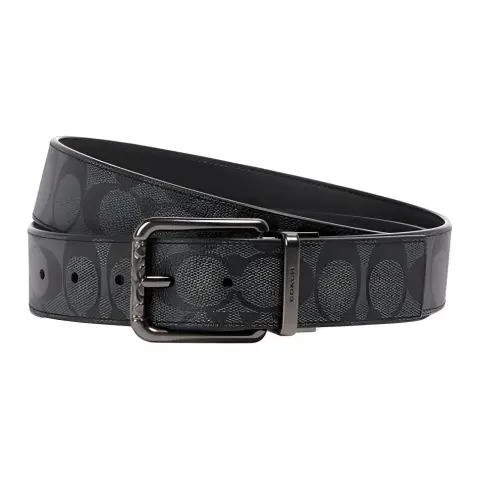 COACH Coated Canvas Calfskin Leather Belts Men's Gray/Black Width 3.8cm