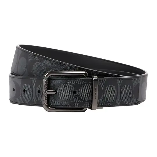 COACH Coated Canvas Calfskin Leather Belts Men's Gray/Black Width 3.8cm