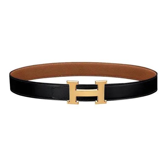HERMES Togo Calfskin Leather Belts Men's Black/Gold Width 3.2cm