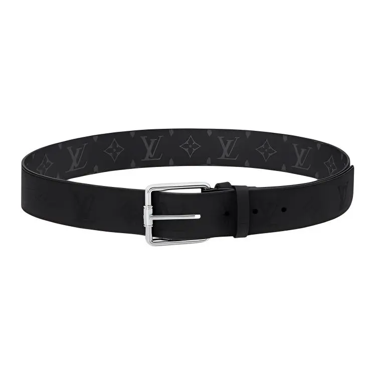 LOUIS VUITTON Metal Leather Coated Canvas Leather Belts Men's Black Width 4cm