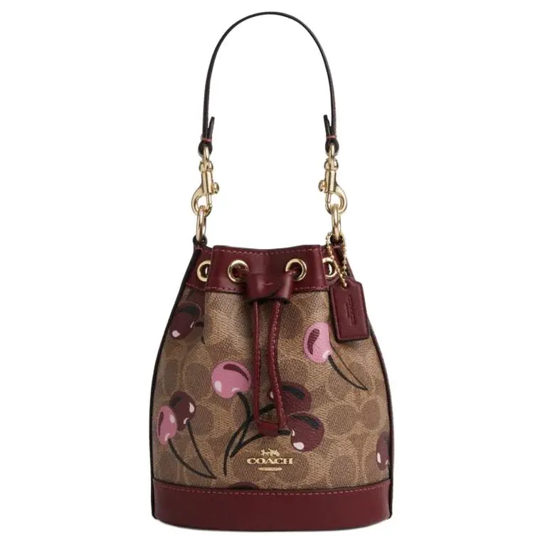 COACH Artificial Leather Bucket Bag, One Shoulder Handbag Mini Women's Brown & Multicolor