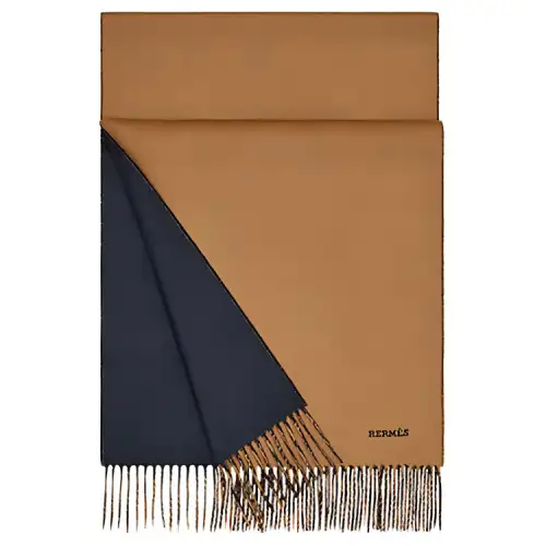 HERMES Double sided Cashmere Knit Scarves Men's Camel Navy Blue
