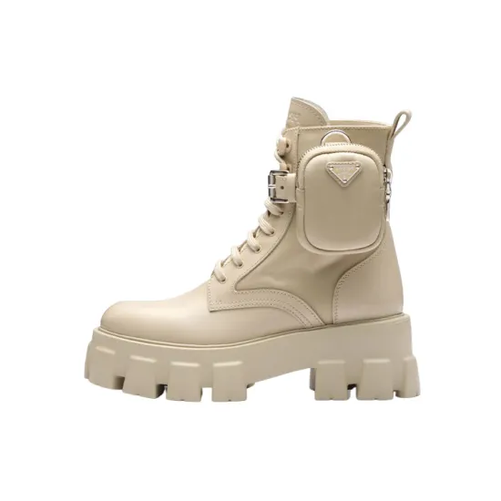 PRADA Monolith 55mm Pouch Ankle Boots Desert Beige Leather
