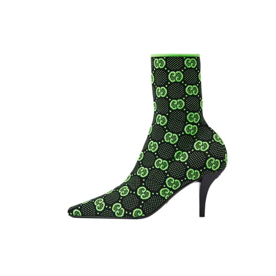 GUCCI GG 75mm Knit Ankle Boots Black Fluorescent Yellow Fabric