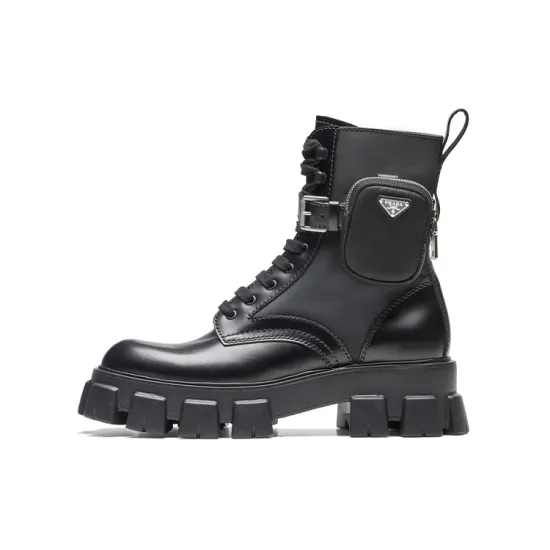 PRADA Monolith 55mm Pouch Ankle Boots Black Brushed Leather And Nylon