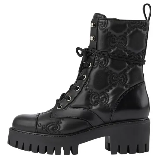 GUCCI Gg 70mm Quilted Lace Up Boots Black Leather Women's