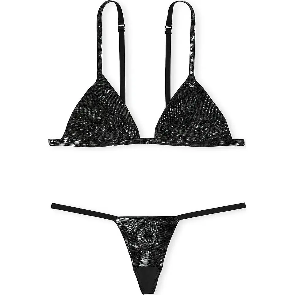 Victoria's Secret 24 Big Show Collection Very Sexy Shine Triangle Bralette Panty/B Underwear Set Women's Black