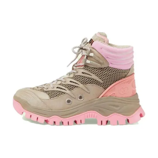 GUCCI Lace Up Ankle Boot Beige Pink Women's