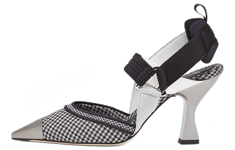 FENDI Пятка на пятке Fendi Colibri из ткани с узором «гусиные лапки» широкий каблук на высоком каблуке Туфли 8,5 см женский черно-белый