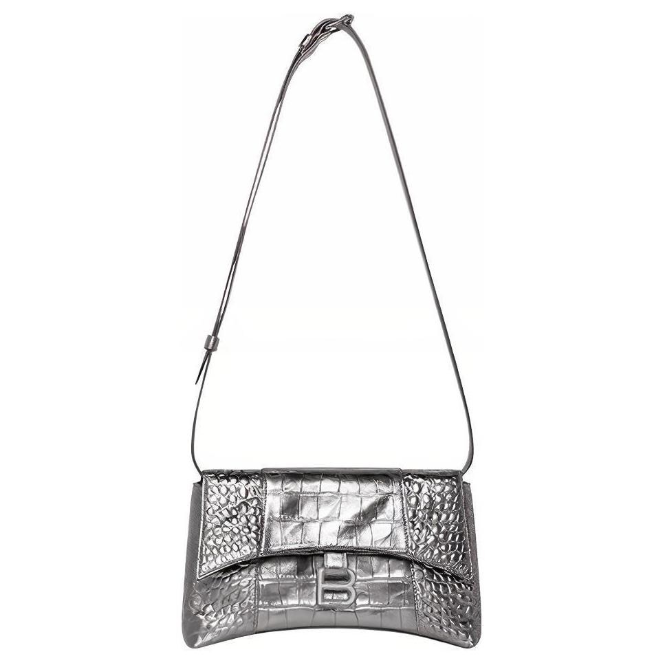 Balenciaga Downtown Crocodile Embossed Calfskin Shoulder Bag Medium Women's Silver
