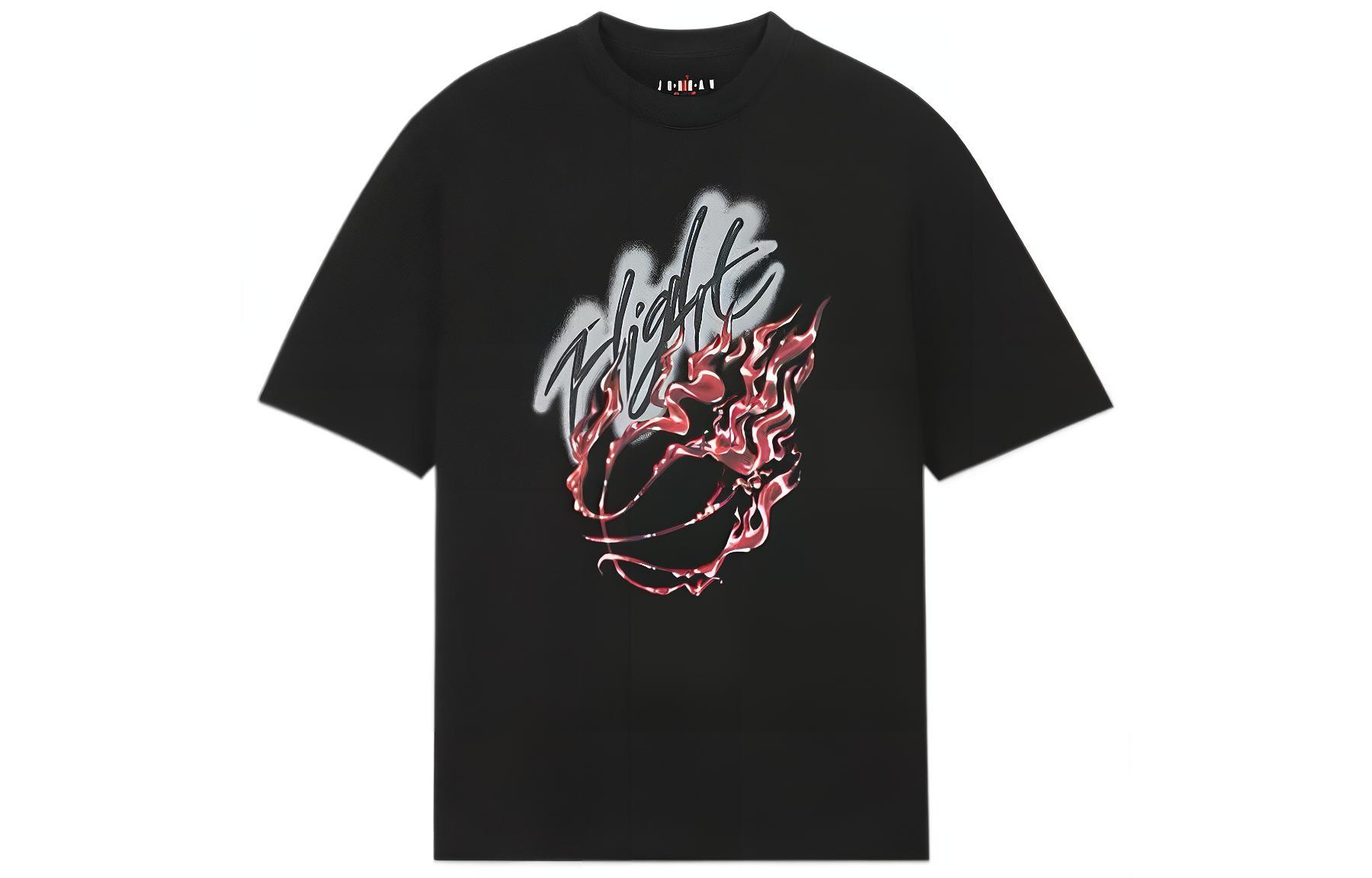 Jordan X Travis Scott joint series flame rhinestone pattern printed American retro round neck pullover short-sleeved T-shirt Asian version men's black