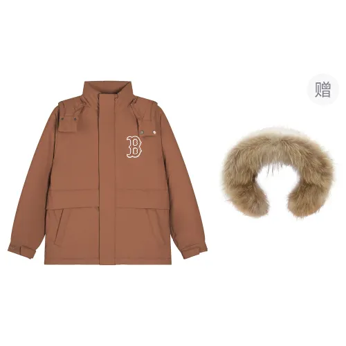 MLB Comfortable universal mousse, keep warm removable hat, long brown down jacket for men and women, mid-length