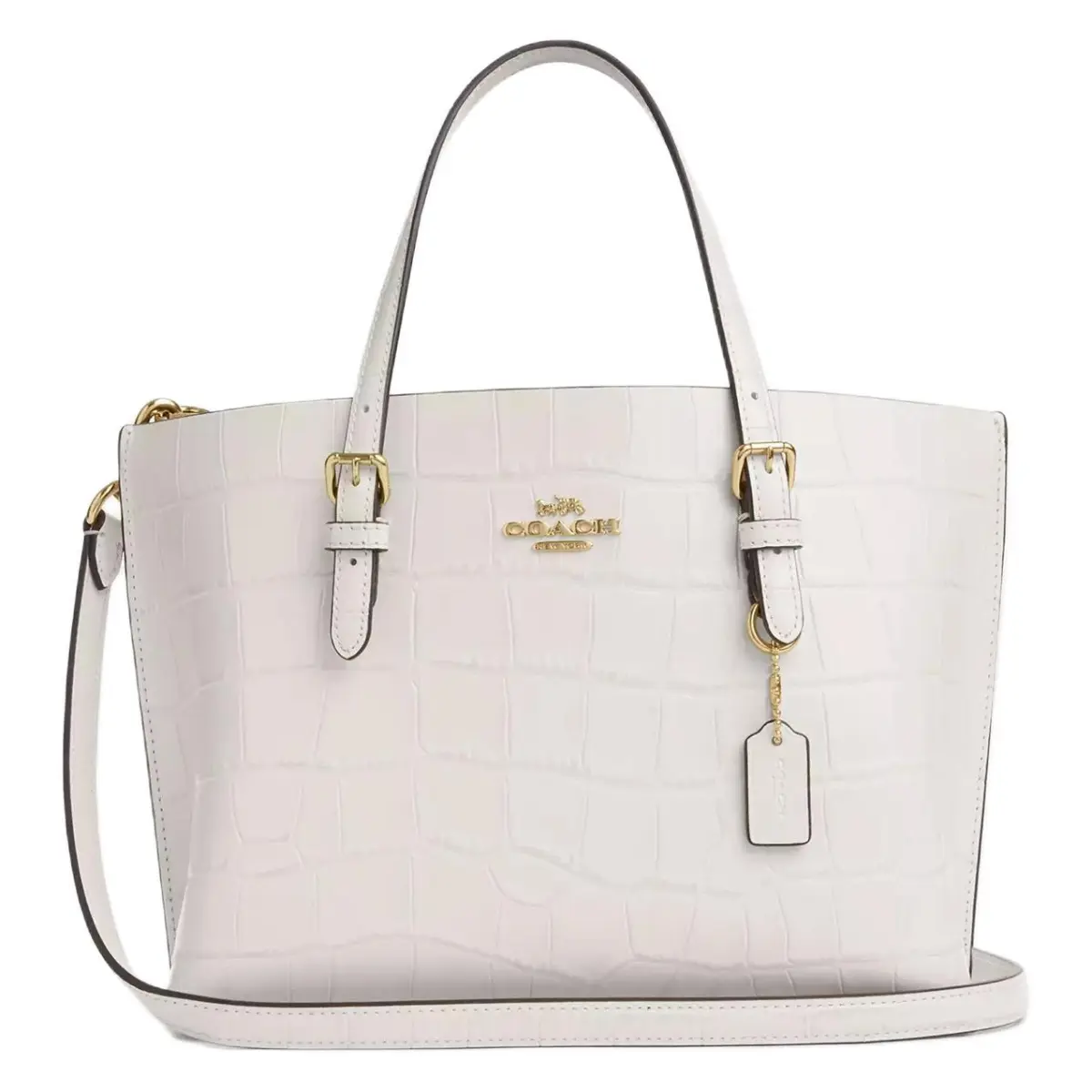 COACH Mollie Crocodile Embossed Leather Tote Bag, Shopping Bag, Shoulder Bag, Handbag Medium Women's Gold & Chalk