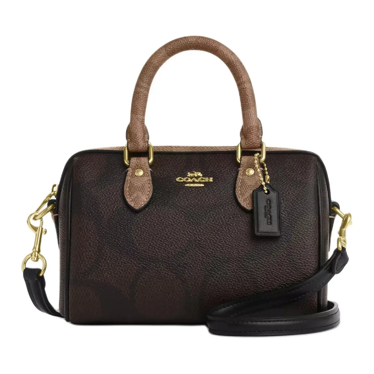 COACH Rowan Signature Coated Canvas Boston Bag, Crossbody Handbag Small Women's Tan
