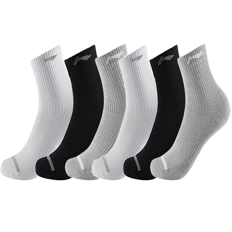 Li Ning Crew Socks Unisex 6 Pack Black White Gray