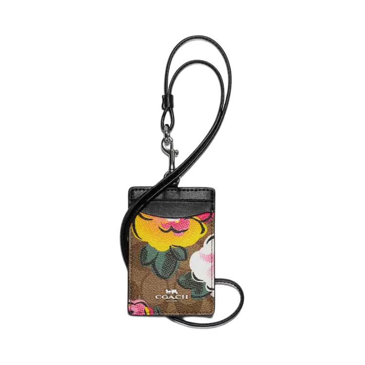 COACH Lanyard Leather Card Holder Small Women's Black Brown Multicolor