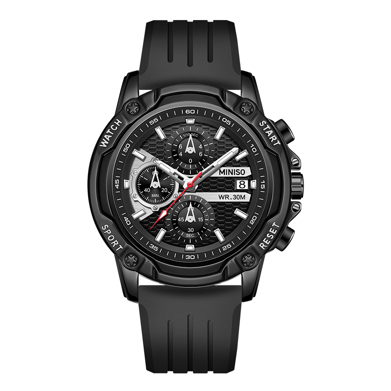Universal trend men's watch, quartz silicone watch strap, black dial, waterproof calendar, quartz mechanism