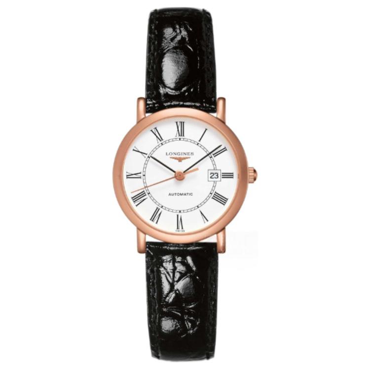 LONGINES Automatic mechanical mechanism, waterproof women's watch, white dial, golden gold watch, case, watch strap, 30meter, 27.2mm, 18 carat, pink gold, crocodile