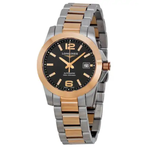 LONGINES Automatic mechanical mechanism, waterproof men's watch, black dial stainless steel, golden gold watch, case, watch strap, 300meter, 30mm, 18 carat, pink gold, 18 carat