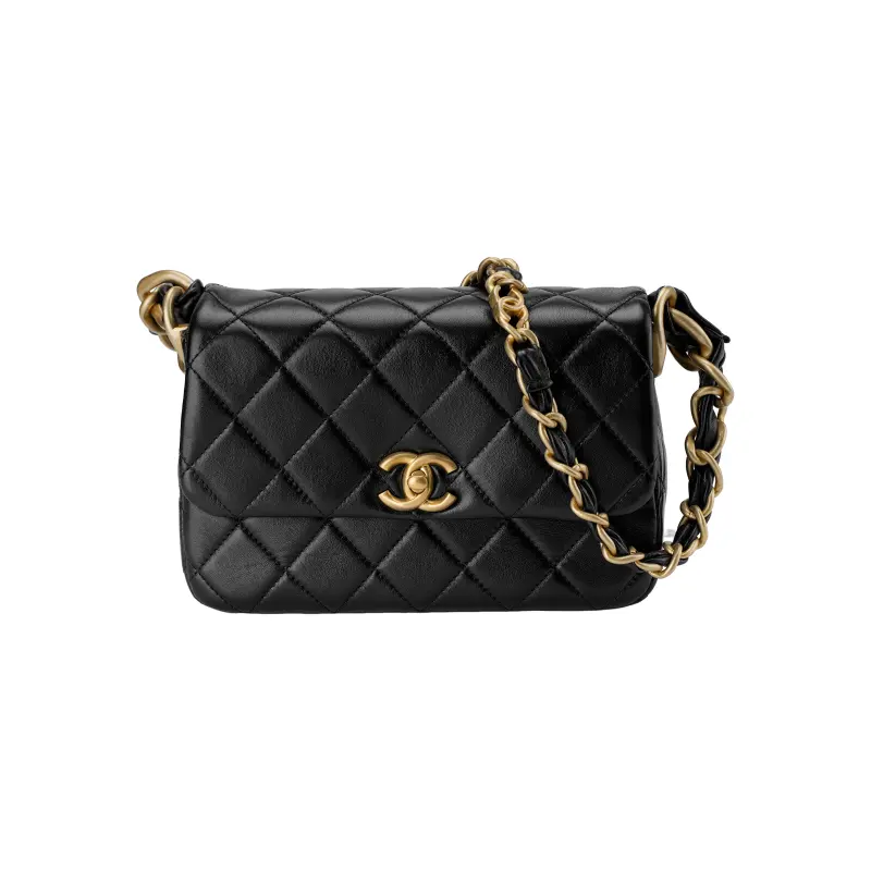CHANEL Sheepskin & Gold Metal Shoulder Bag Women's Black