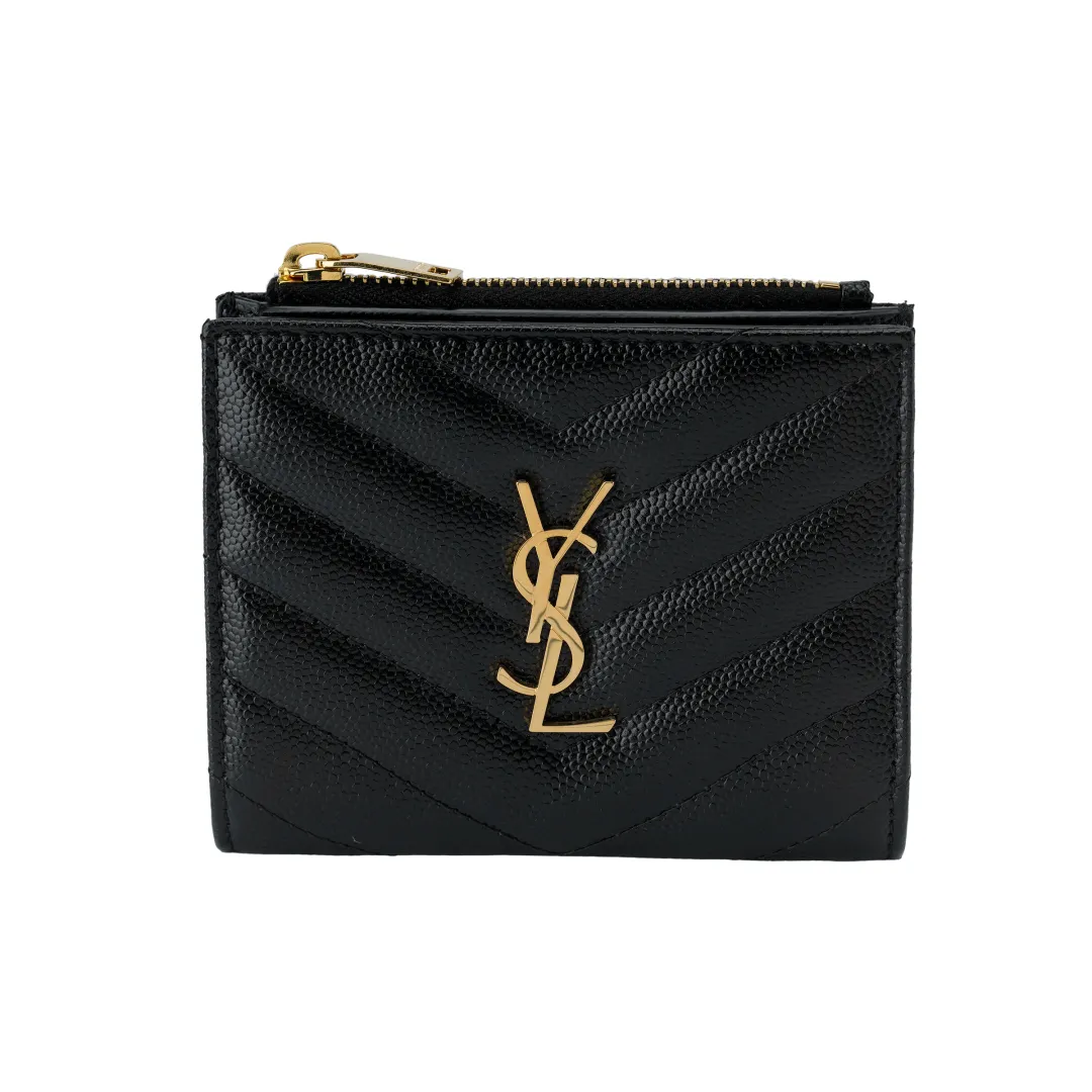 SAINT LAURENT Cassandre Quilting Grain Embossed Leather Card Holder, Wallet Women's Black