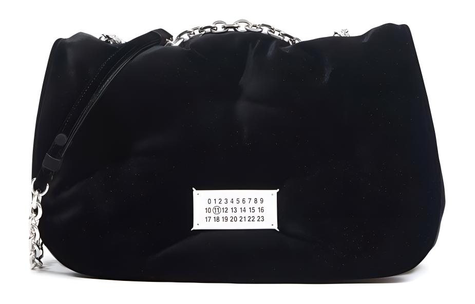 Maison Margiela Glam Slam Logo Decal Sliding Chain Shoulder Strap Synthetic Cotton Velvet Viscose Leather Copper Ammonia Handbag Medium Women's Black