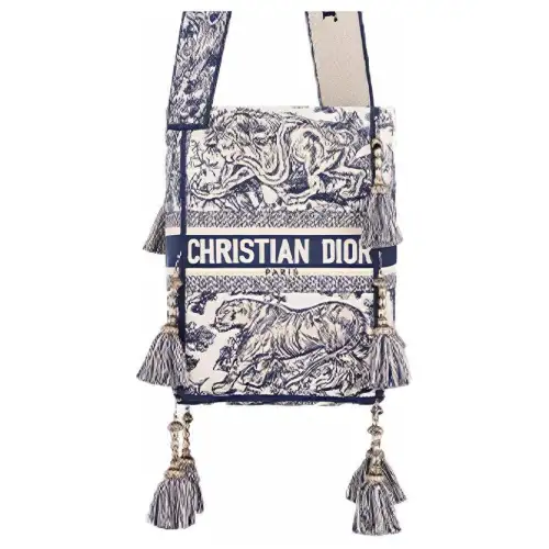 DIOR D Bubble Collection Fringe Decoration Fabric Bucket Bag, Shoulder Bag, Handbag Regular Women's Blue