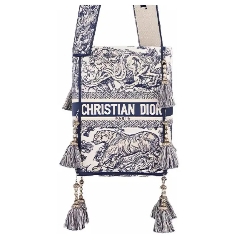 DIOR D Bubble Collection Fringe Decoration Fabric Bucket Bag, Shoulder Bag, Handbag Regular Women's Blue