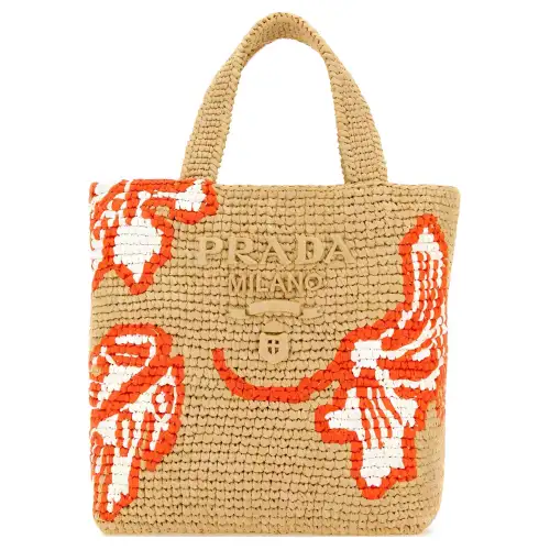 PRADA Raffia Tote Bag, Shopping Bag, Handbag Women's Khaki/Red