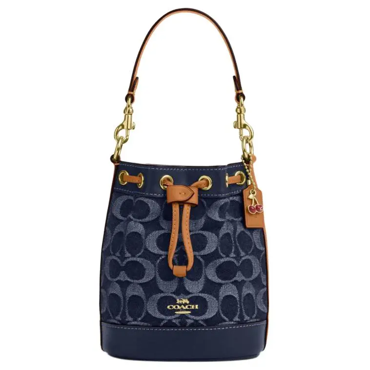COACH Signature Fabric With Cow Leather Bucket Bag, Shoulder Bag, Crossbody Bag, Handbag Mini Women's Denim Blue