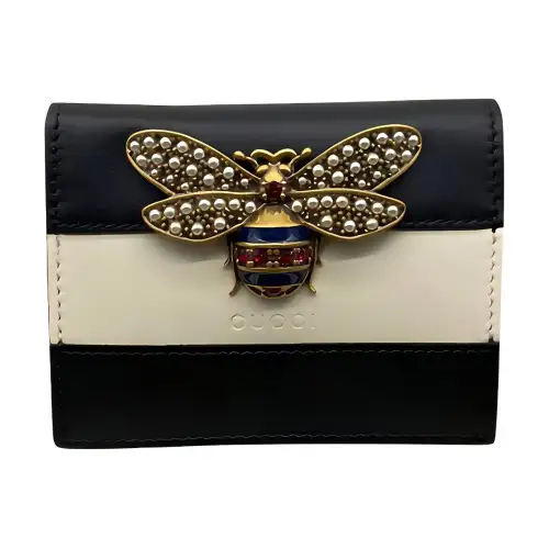 GUCCI Queen Margaret Leather Wallet, Card Holder Women's Black & White