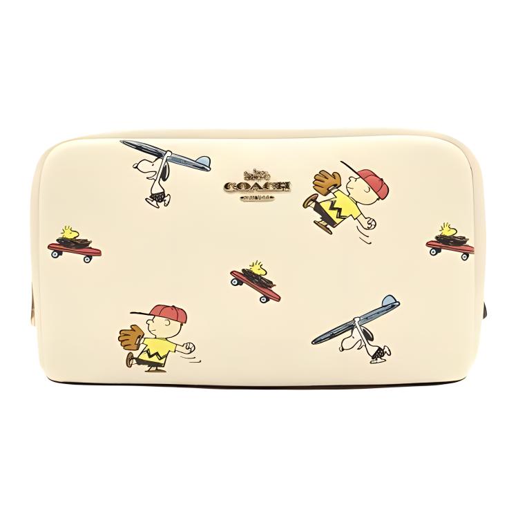 COACH Coach x PEANUTS co-branded model Boxy Cosmetic Cases 15 Snoopy co-branded model Peanut comics Cosmetic bag Square bag Clutch Toilet bag Small Women's printed chalk white