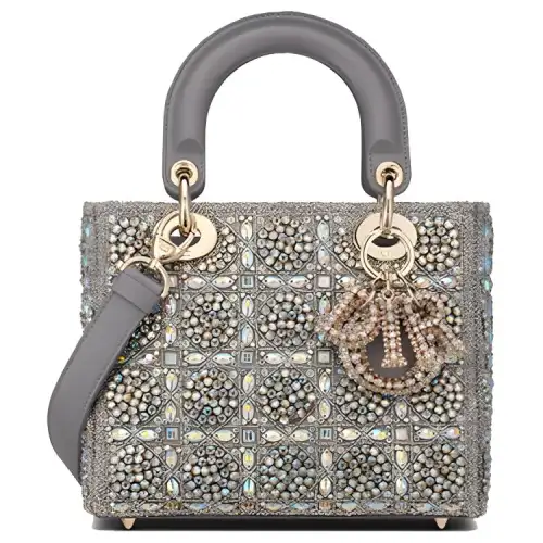 DIOR Lady Dior Gray Smooth Cow Leather And Satin Material One Shoulder Handbag, Crossbody Bag Small Women's Gray