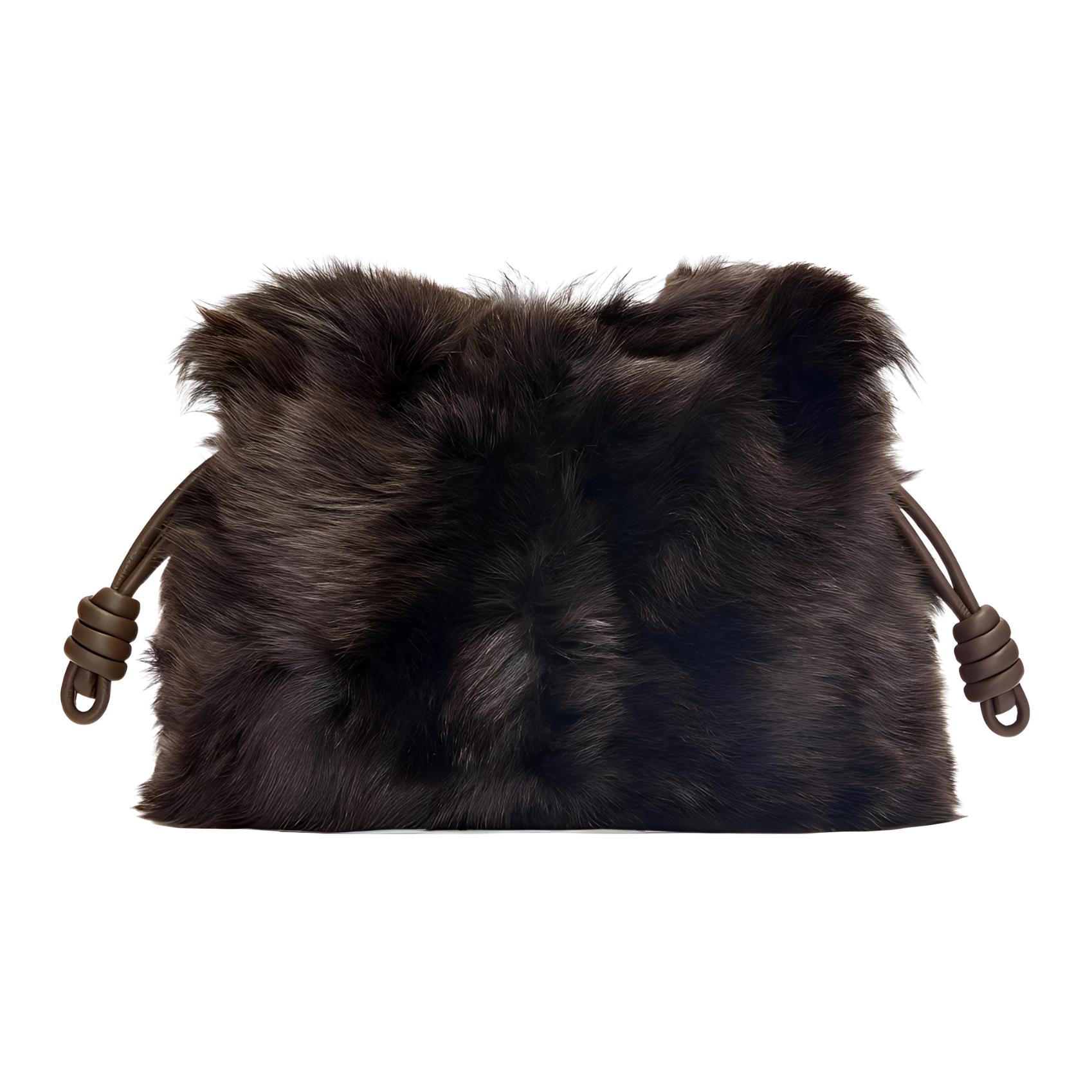 LOEWE Flamenco Shearling Portable One Shoulder Crossbody Clutch Women's Black
