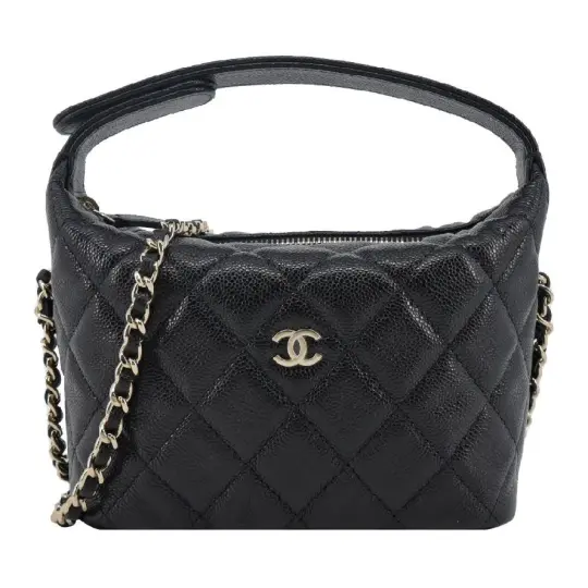 CHANEL Chanel 25C Классическая цепочка Металлический логотип Кожаная цепочка Алмазная сумка-хобо Сумка через плечо через плечо Зернистая воловья кожа Золотая фурнитура Сумка Жен. Черный